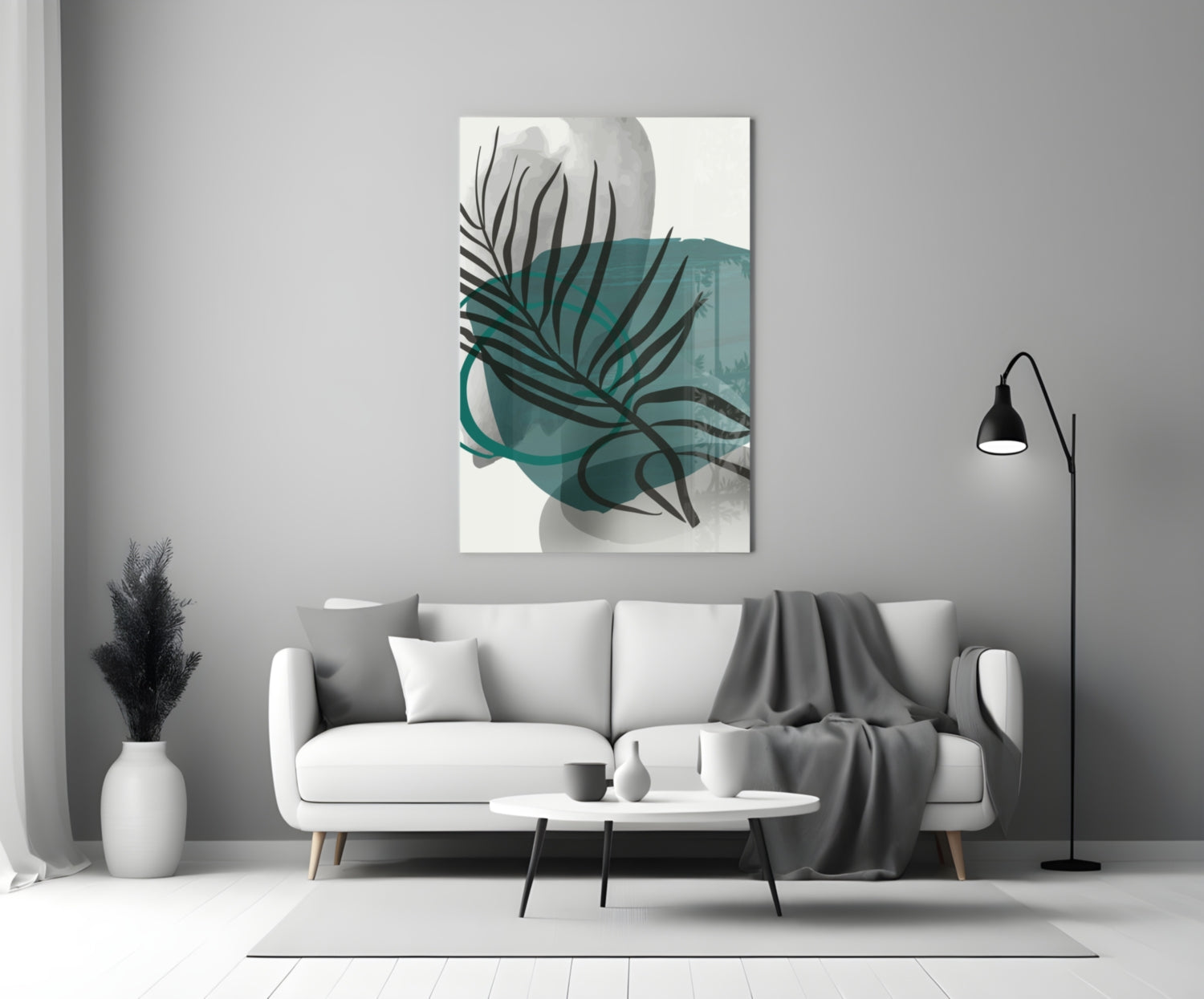 Autumn Green Glass Wall Art displayed above a white sofa in a modern living room with teal and black botanical design.
