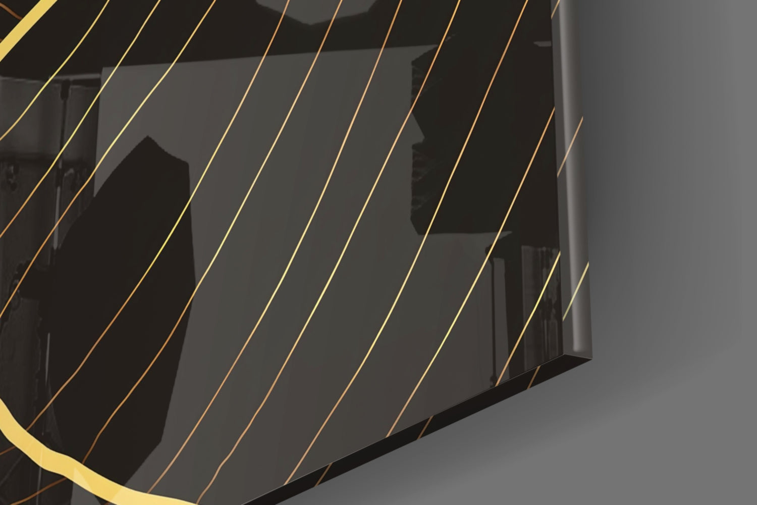 Close-up detail of layered glass panels with gold and bronze striping creating dimensional shadow effects against dark background.