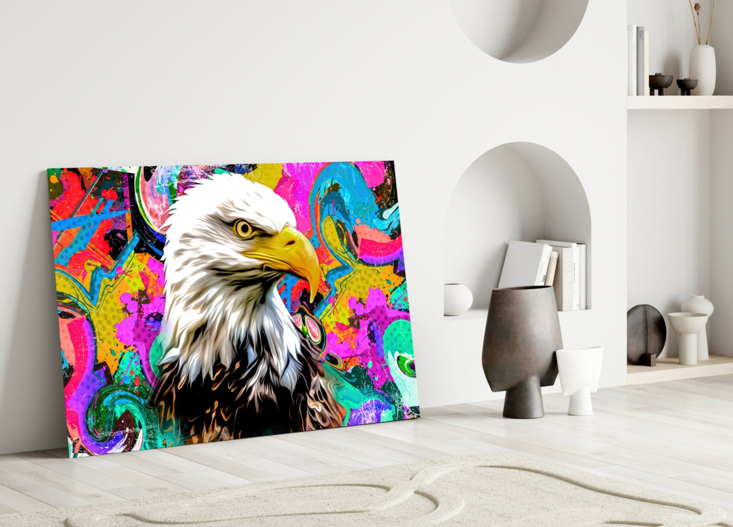 Colorful pop art eagle glass wall art leaning against white wall in minimalist interior setting.