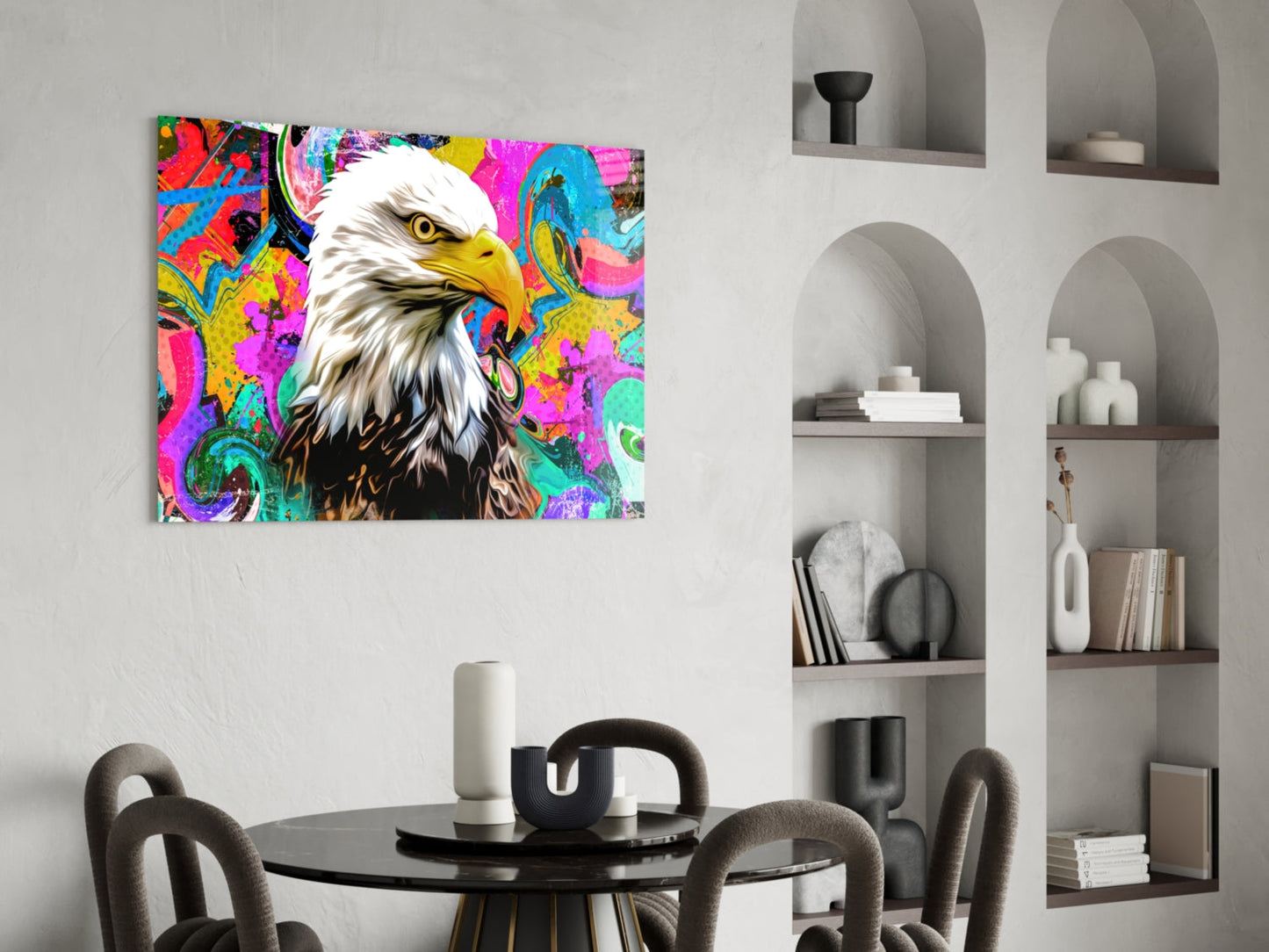 Vibrant pop art glass panel featuring a bald eagle against neon pink, blue, and yellow abstract background, displayed above a dining table.