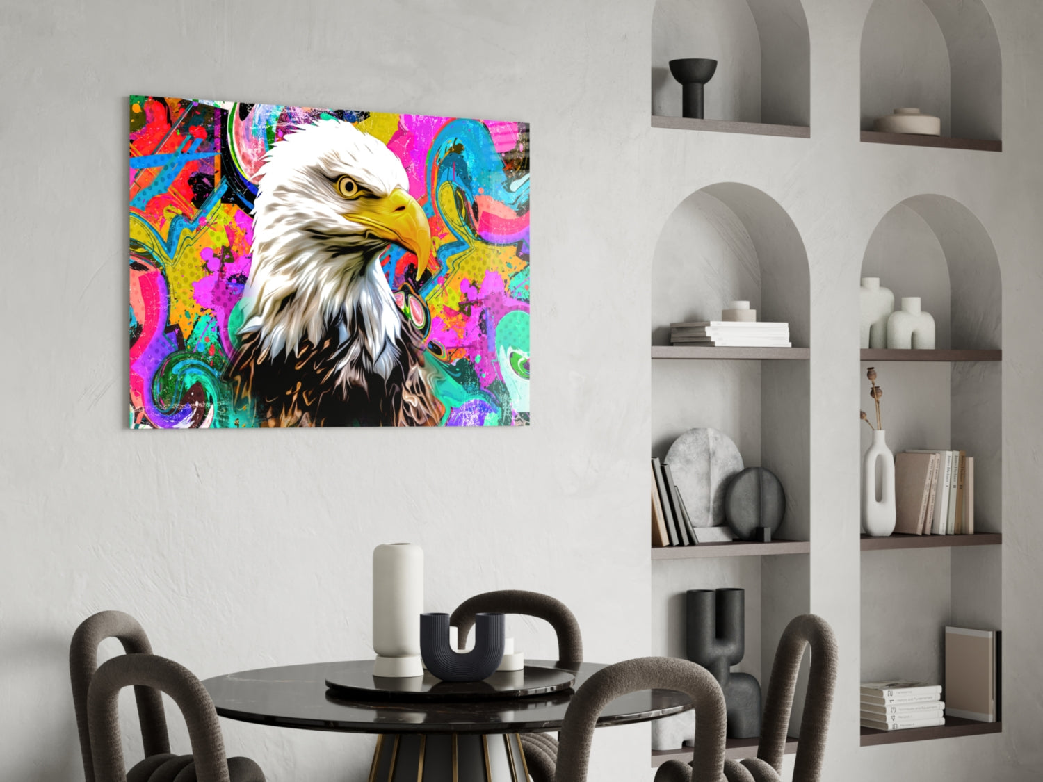 Vibrant pop art glass panel featuring a bald eagle against neon pink, blue, and yellow abstract background, displayed above a dining table.