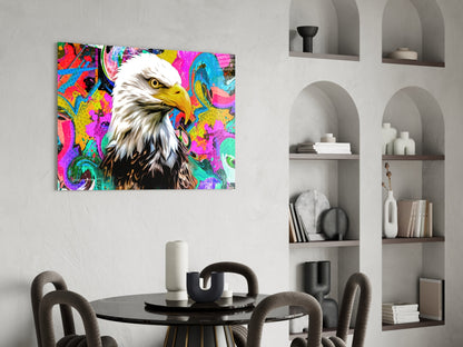 Vibrant pop art glass panel featuring a bald eagle against neon pink, blue, and yellow abstract background, displayed above a dining table.
