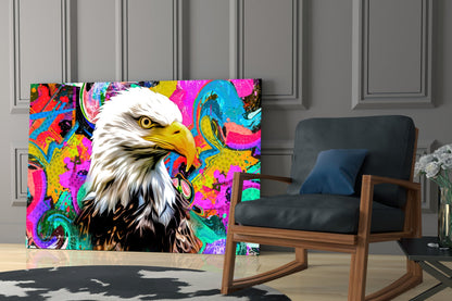Colorful pop art glass panel featuring a bald eagle with vibrant abstract background displayed in modern living room setting.