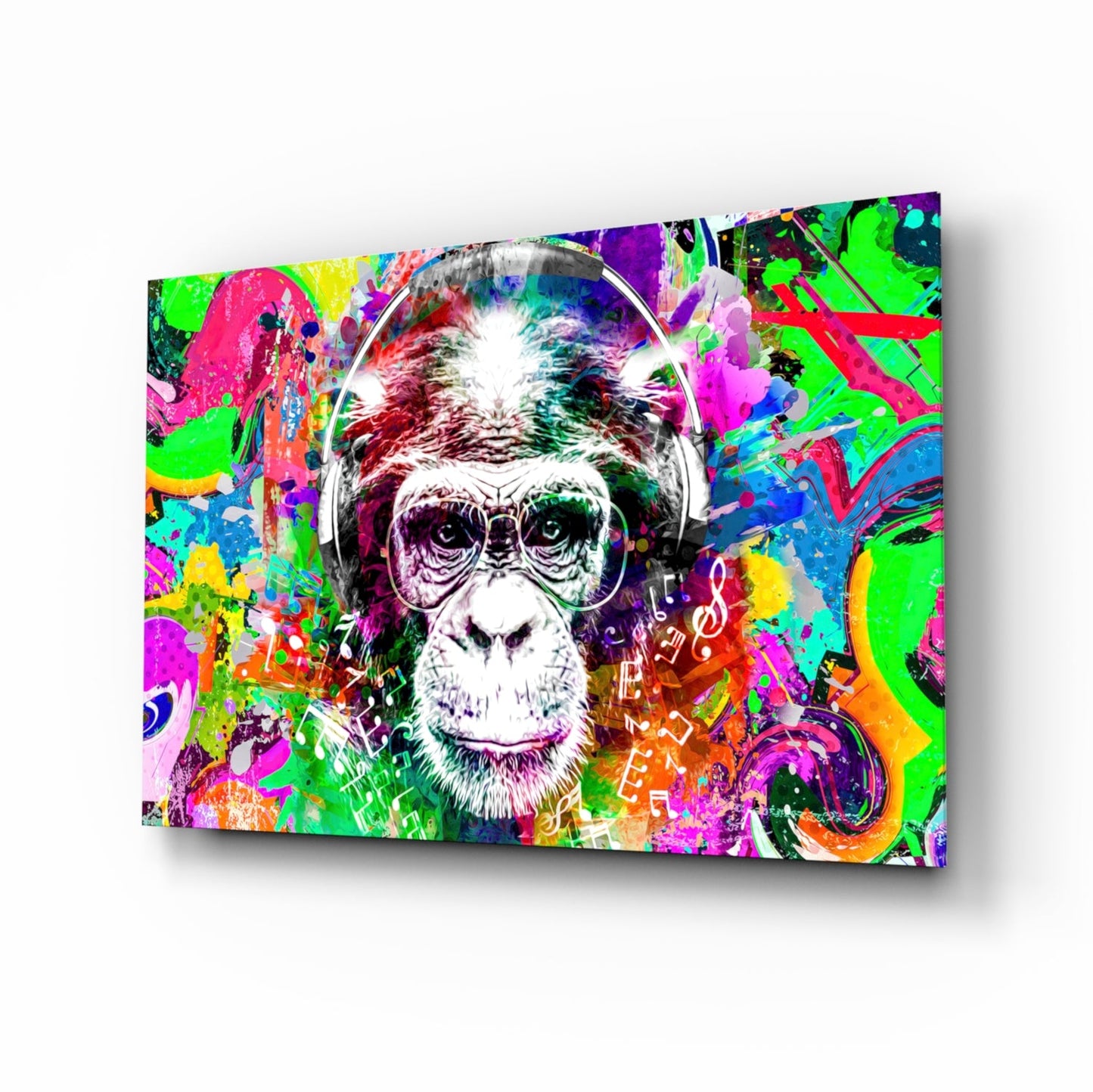 Angled perspective of colorful glass wall art featuring a chimpanzee wearing headphones against a vibrant, multi-colored abstract background with musical notes and geometric shapes.