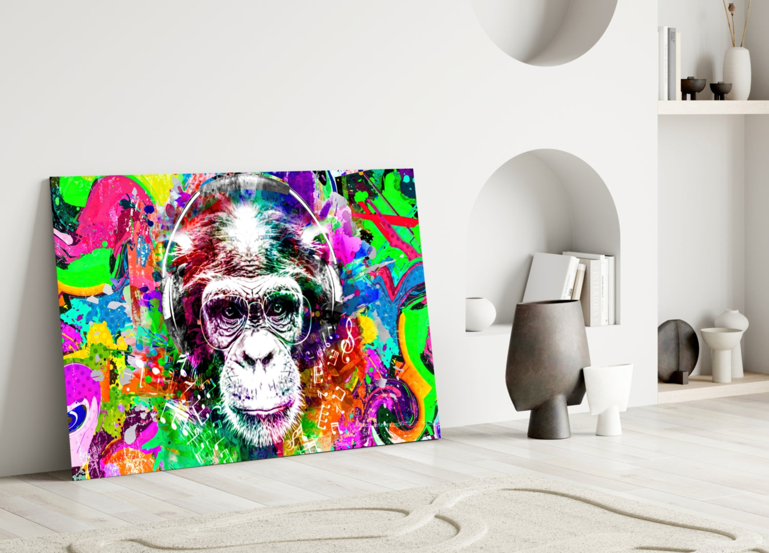 Colorful pop art glass panel featuring a smiling chimpanzee wearing headphones, displayed leaning against white wall beside minimalist decor.