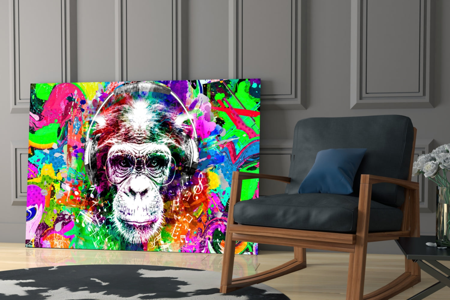 Vibrant pop art monkey wearing headphones on glass wall art displayed in modern living room next to wooden rocking chair.