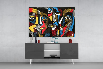 Cubist Faces Red Blue Yellow on Black Glass Wall Art