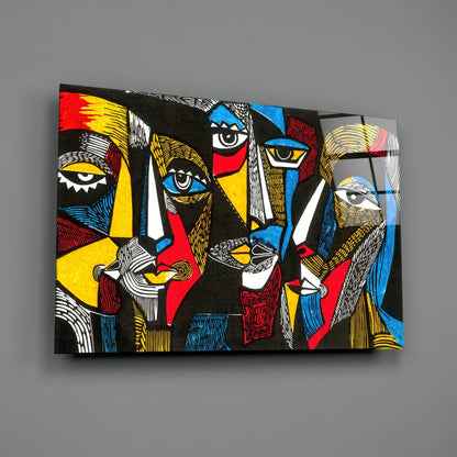 Cubist Faces Red Blue Yellow on Black Glass Wall Art