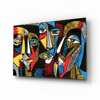 Cubist Faces Red Blue Yellow on Black Glass Wall Art