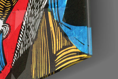 Cubist Faces Red Blue Yellow on Black Glass Wall Art