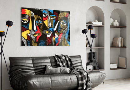 Cubist Faces Red Blue Yellow on Black Glass Wall Art