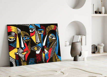 Cubist Faces Red Blue Yellow on Black Glass Wall Art