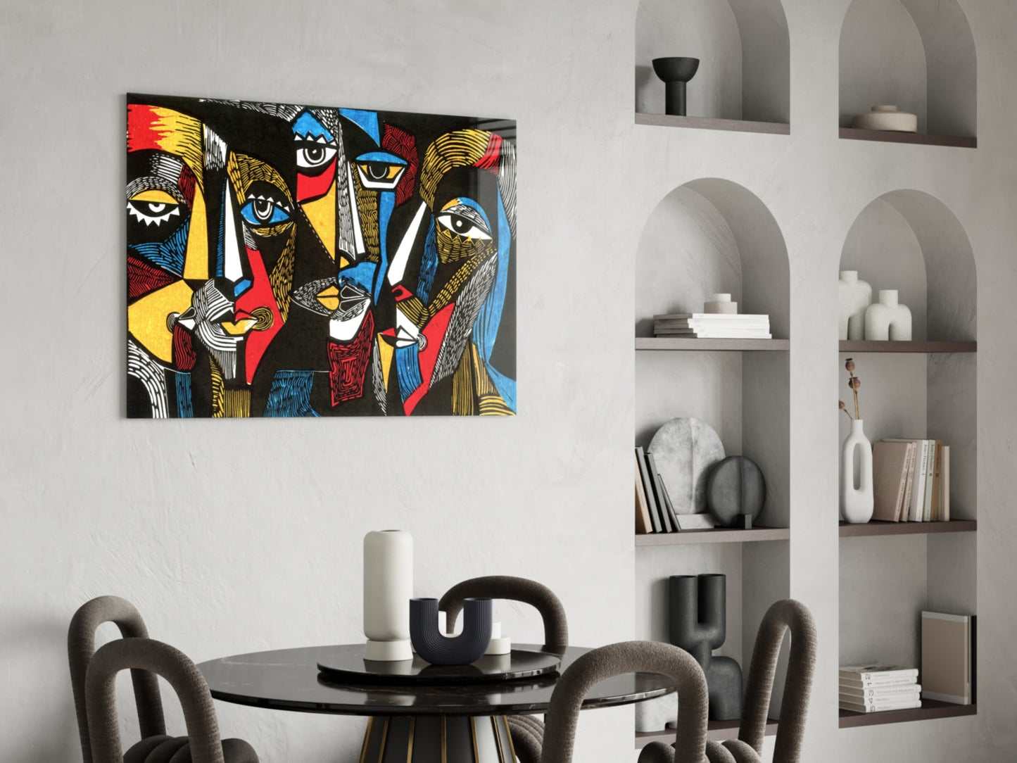 Cubist Faces Red Blue Yellow on Black Glass Wall Art