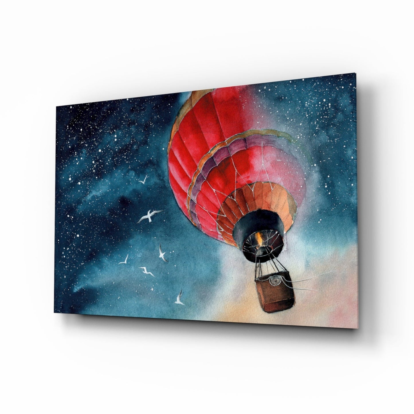 Red and tan hot air balloon with basket ascending toward starry night sky, displayed as angled glass wall art panel.