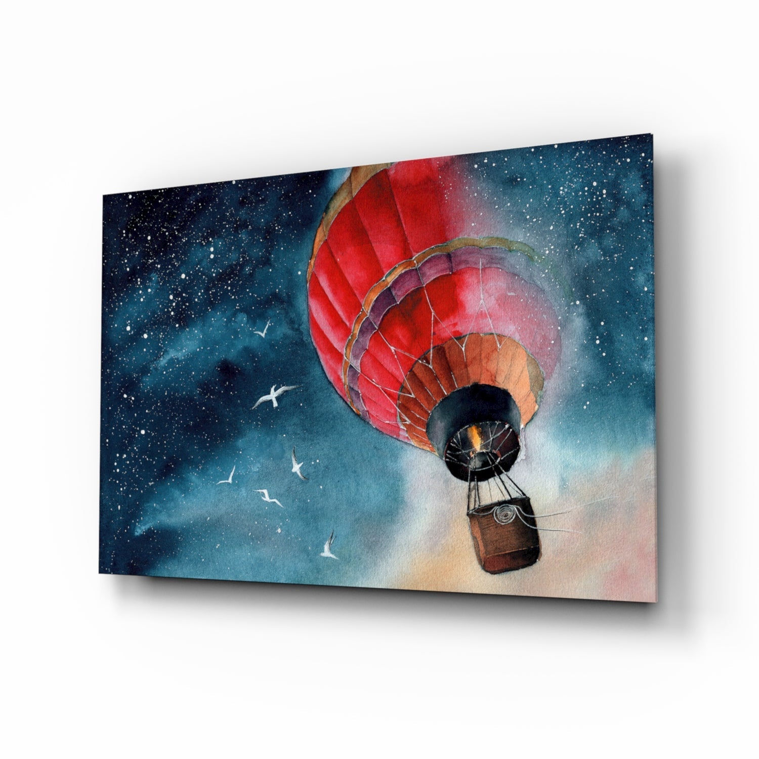 Red and tan hot air balloon with basket ascending toward starry night sky, displayed as angled glass wall art panel.