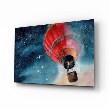 Red and tan hot air balloon with basket ascending toward starry night sky, displayed as angled glass wall art panel.