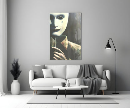 Glass wall art depicting a figure in white mask with tear, wearing brown jacket, displayed above white sofa in modern living room.