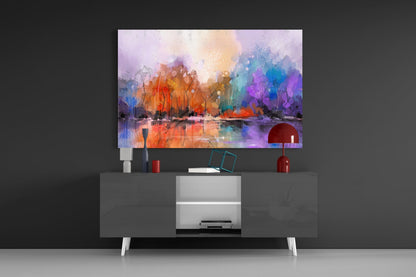 Colorful Autumn Forest Lake Glass Wall Art