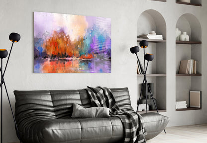 Colorful Autumn Forest Lake Glass Wall Art