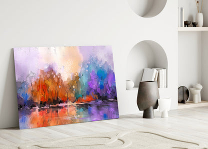 Colorful Autumn Forest Lake Glass Wall Art
