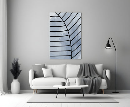 Gray Blue Minimalist Leaf Vein Lines Glass Wall Art