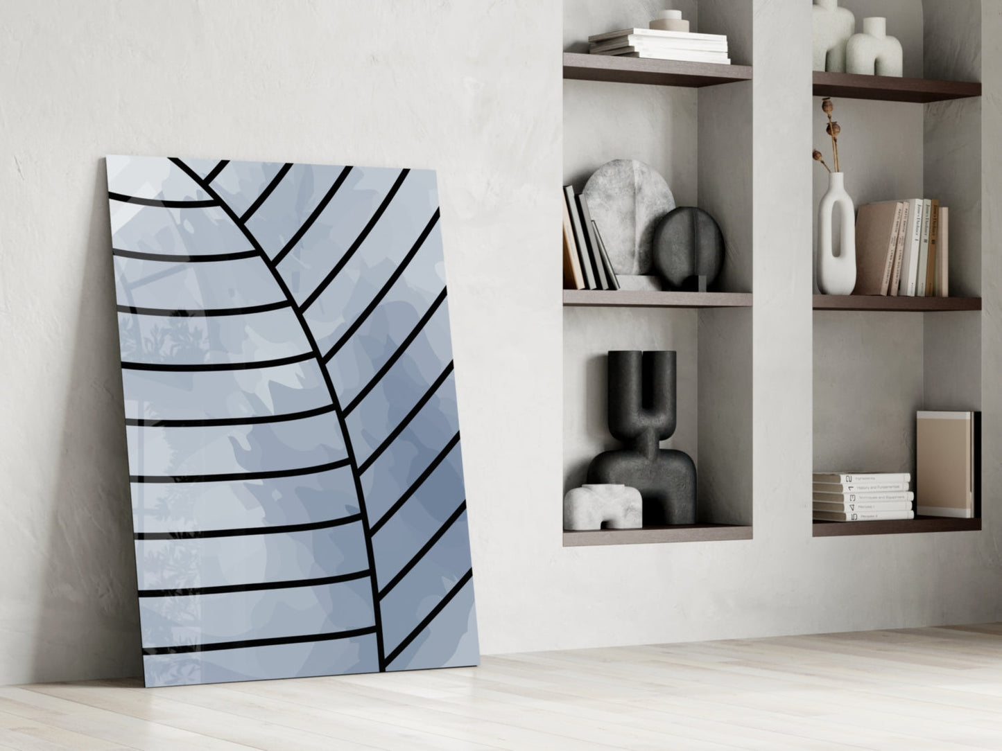 Gray Blue Minimalist Leaf Vein Lines Glass Wall Art