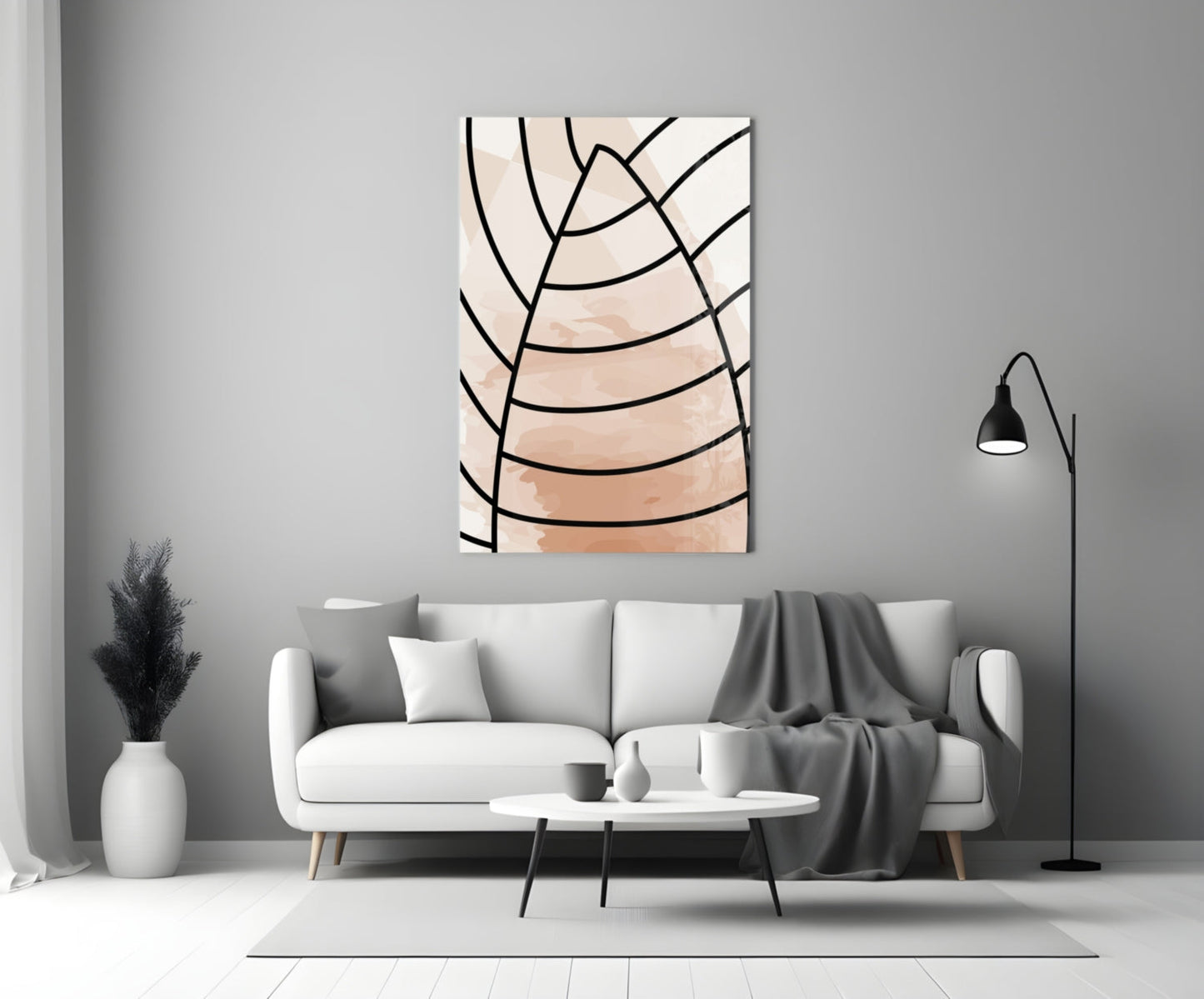 Blush Beige Minimalist Leaf Lines Glass Wall Art