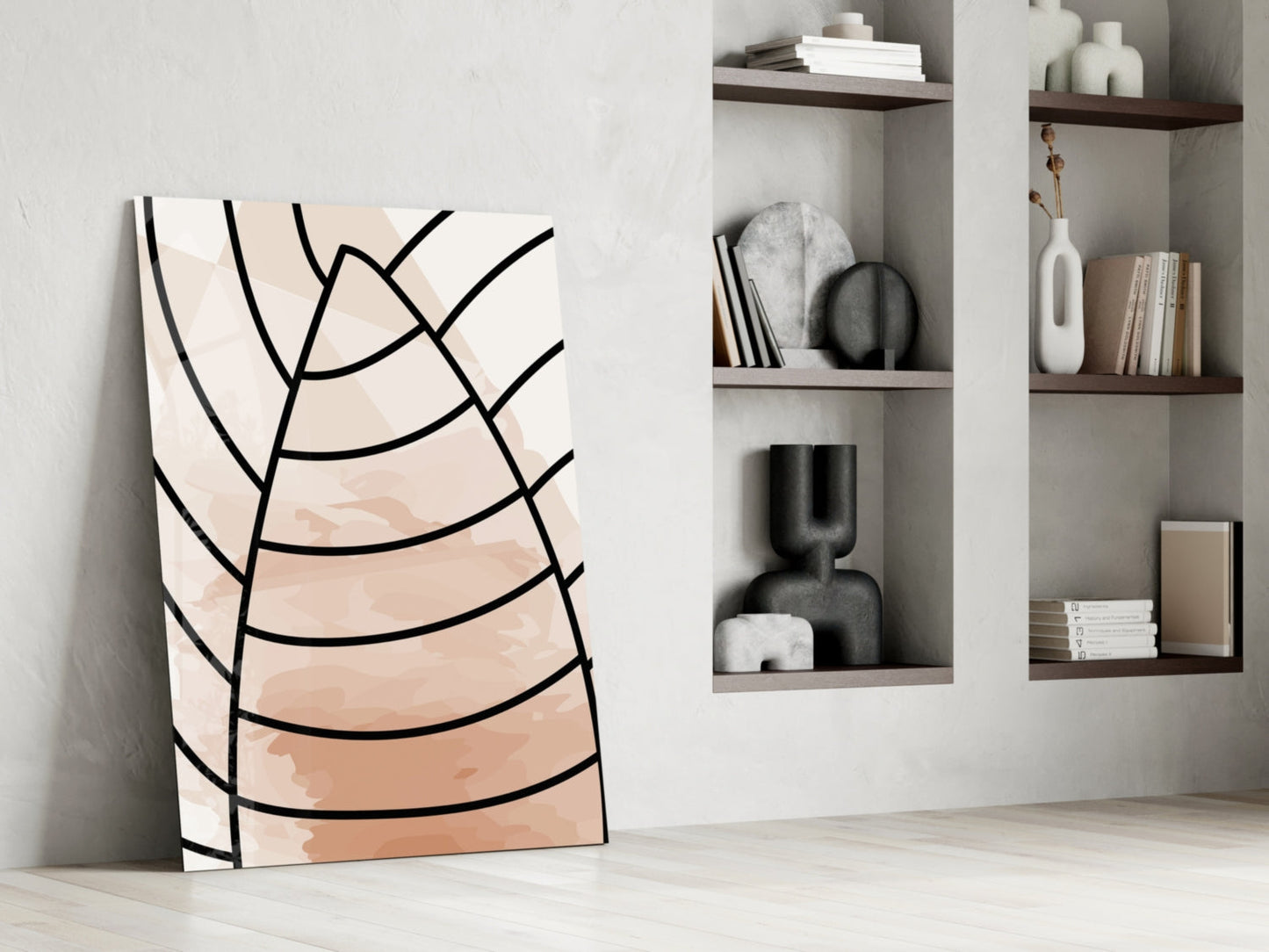 Blush Beige Minimalist Leaf Lines Glass Wall Art