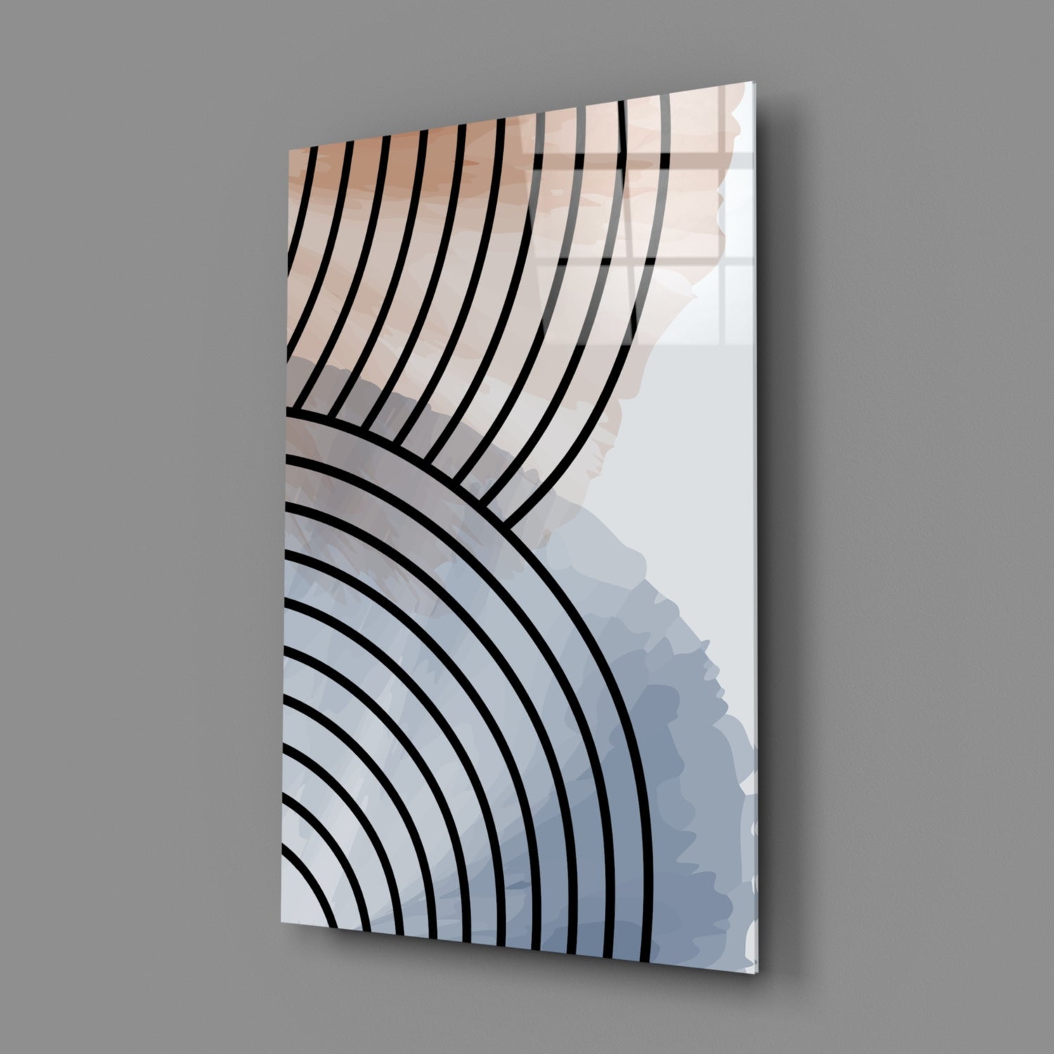 Angled view of glass wall art displaying black curved lines against cream and blue gradient background, mounted on gray wall.