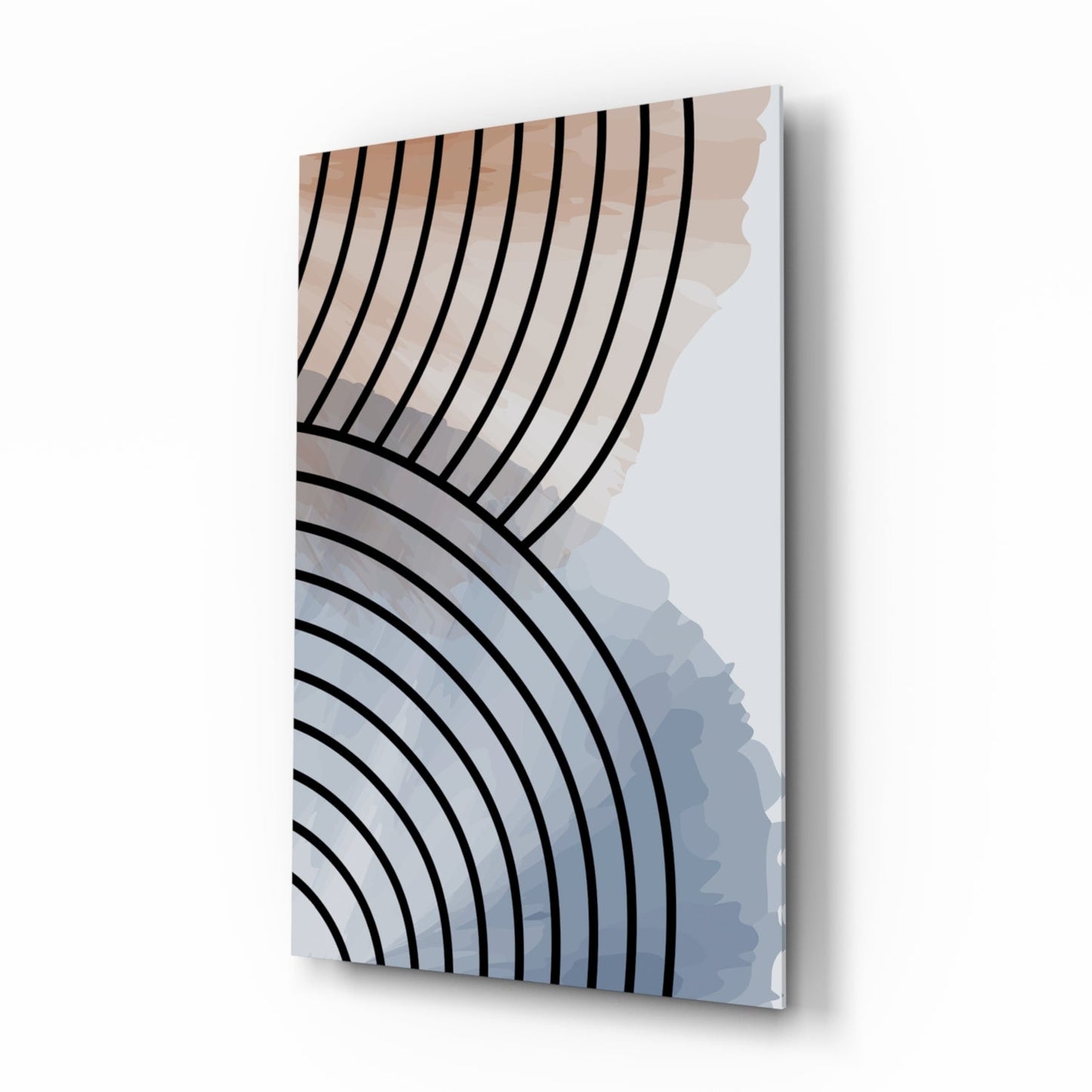 Glass wall art featuring black curved concentric lines transitioning from warm beige tones to cool blue-gray shades, displayed at an angled perspective.
