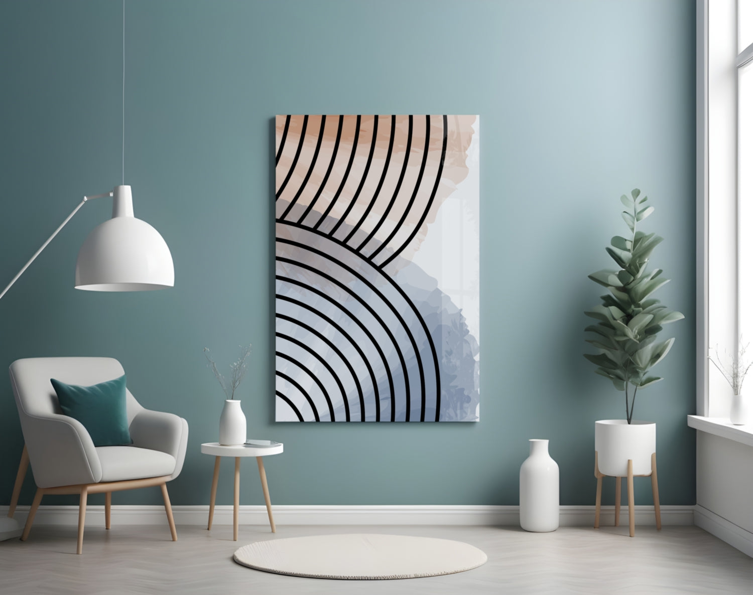 Modern living room with Lines of Waves Glass Wall Art displaying black curved lines on beige and blue tones, mounted above a cream armchair.
