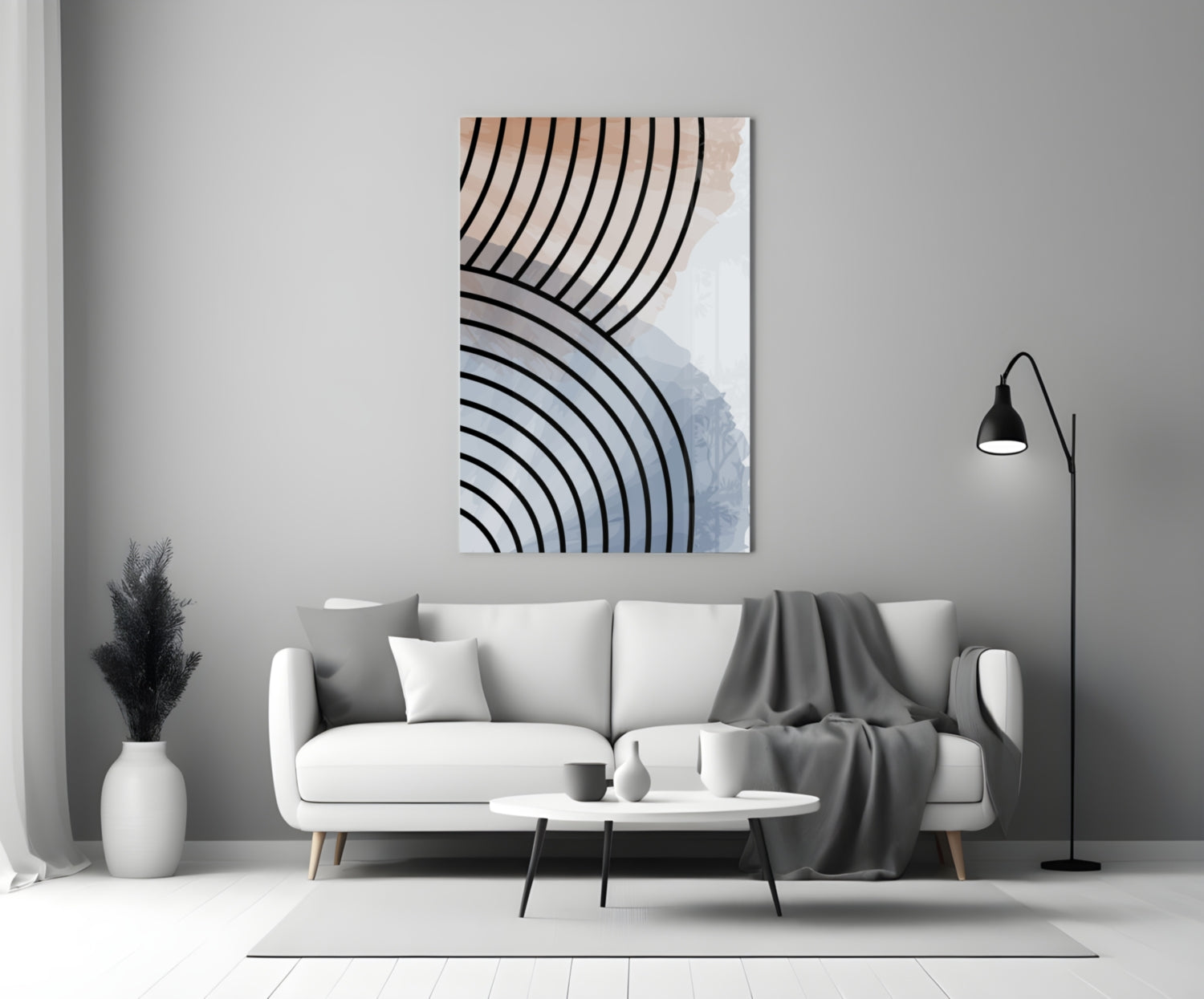 Lines of Waves Glass Wall Art displayed above a white sofa in a minimalist living room setting with neutral décor.