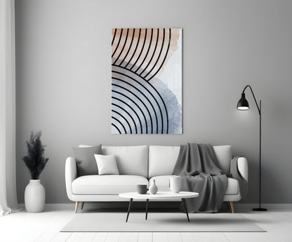 Lines of Waves Glass Wall Art displayed above a white sofa in a minimalist living room setting with neutral décor.