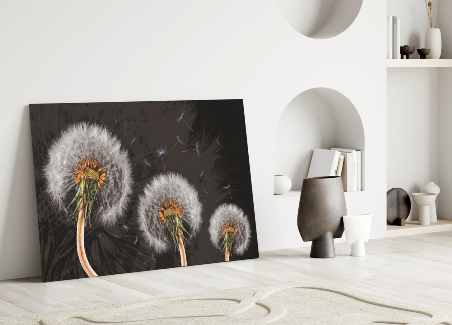 Three Dandelion Seed Heads on Charcoal Glass Wall Art
