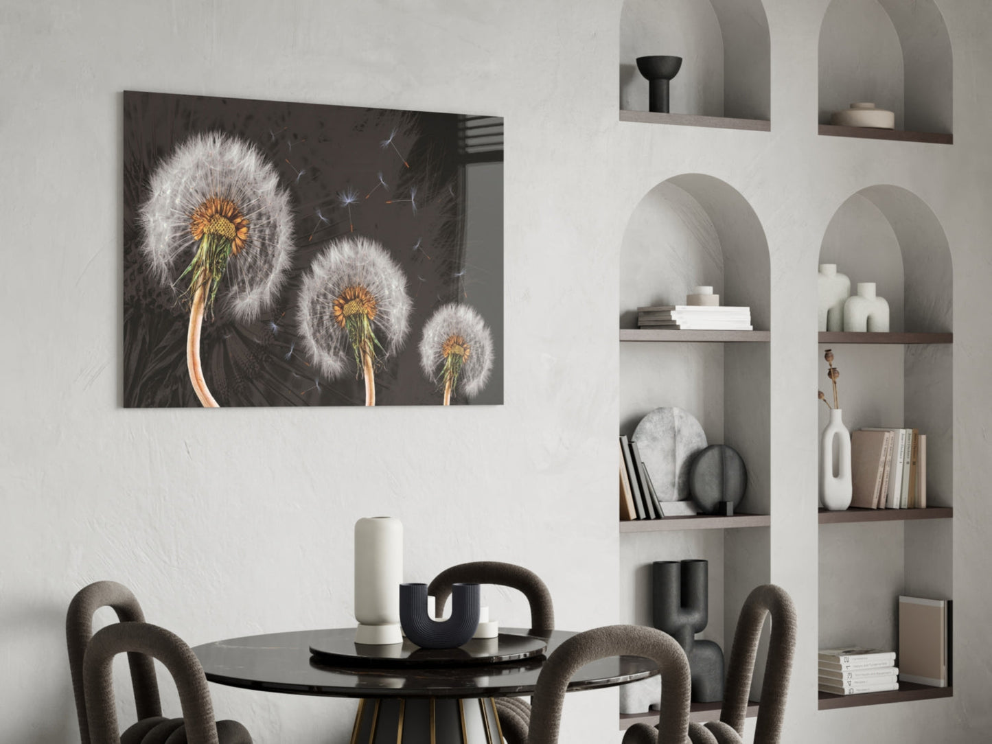 Three Dandelion Seed Heads on Charcoal Glass Wall Art