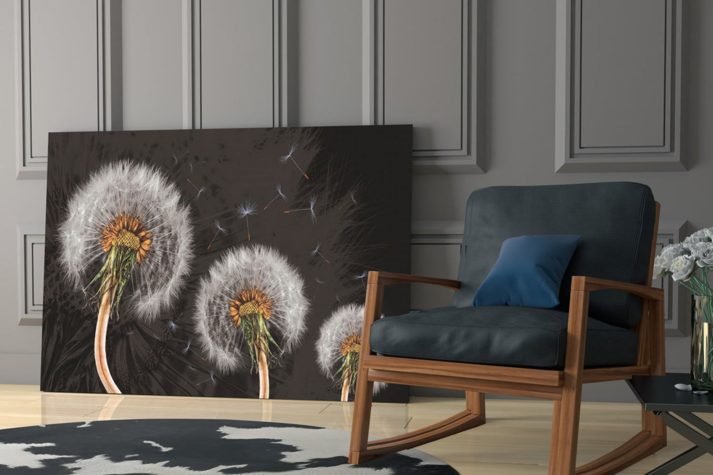 Three Dandelion Seed Heads on Charcoal Glass Wall Art