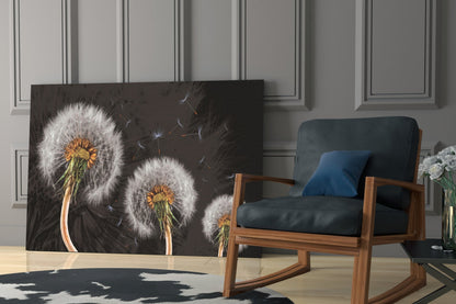 Three Dandelion Seed Heads on Charcoal Glass Wall Art