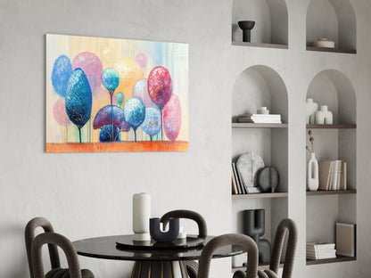 Colorful glass wall art featuring blue, pink, and yellow trees displayed above a black dining table in a modern interior with built-in shelving.