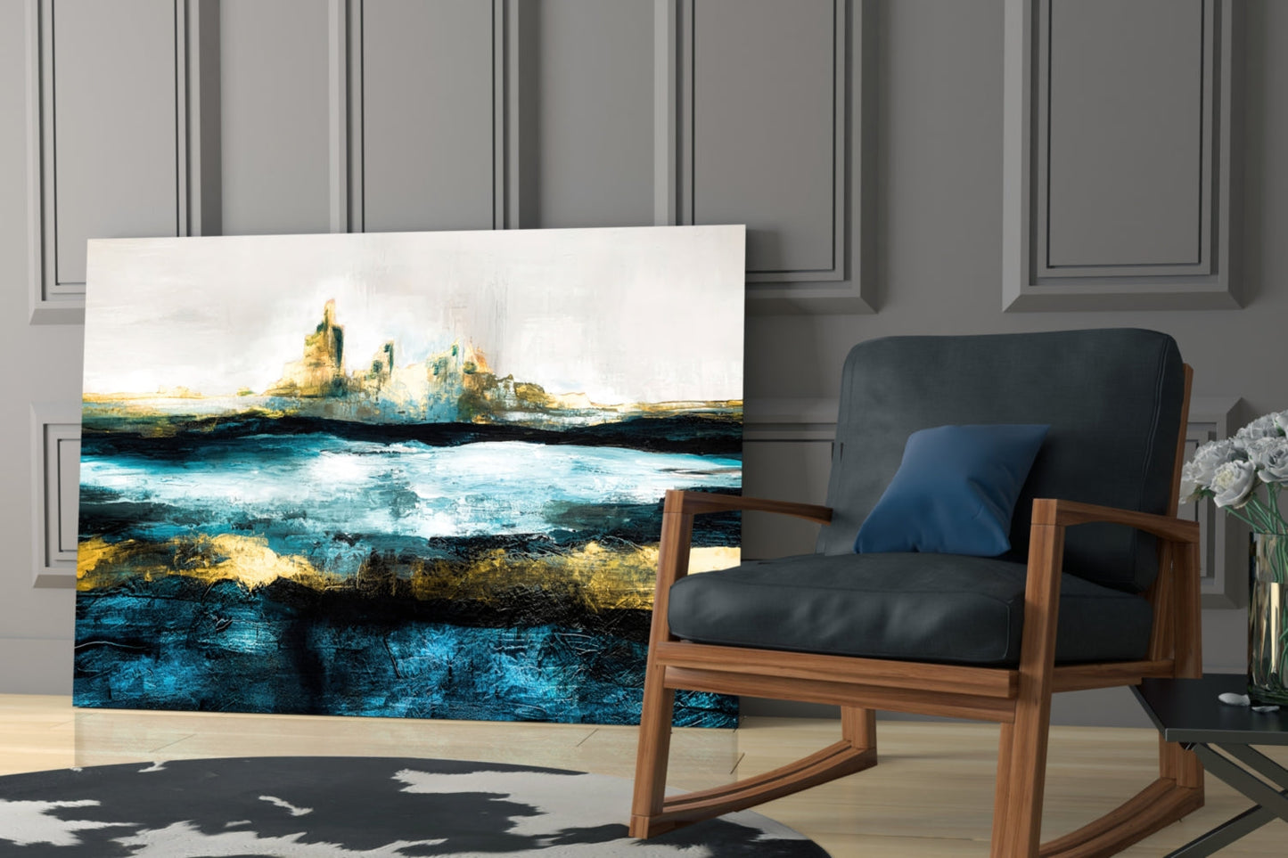 Glass wall art depicting turquoise ocean waves and golden cliffs displayed in modern living room with wooden chair.