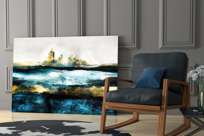 Glass wall art depicting turquoise ocean waves and golden cliffs displayed in modern living room with wooden chair.