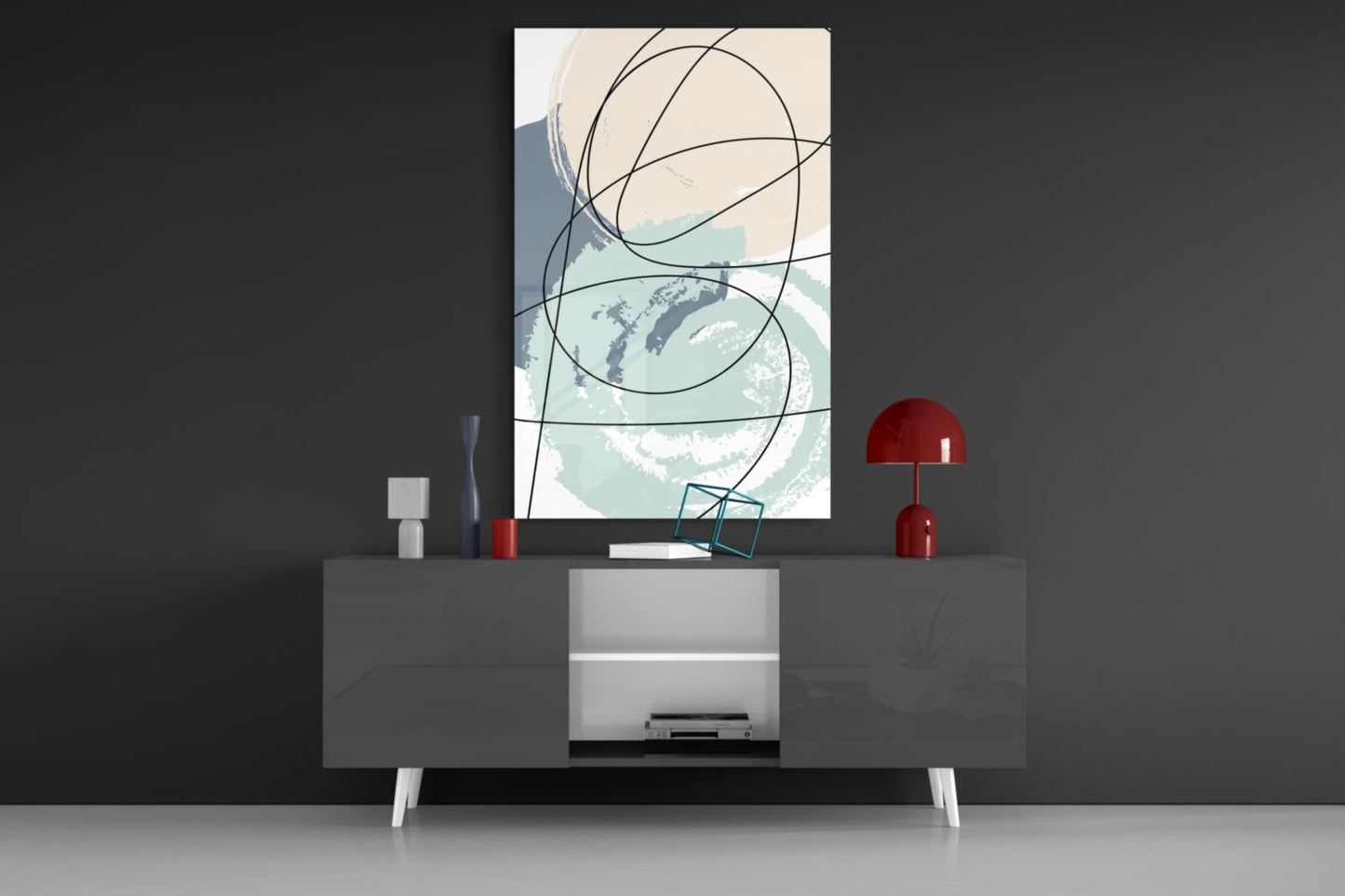 Teal and Beige Brush Circle Lines Glass Wall Art