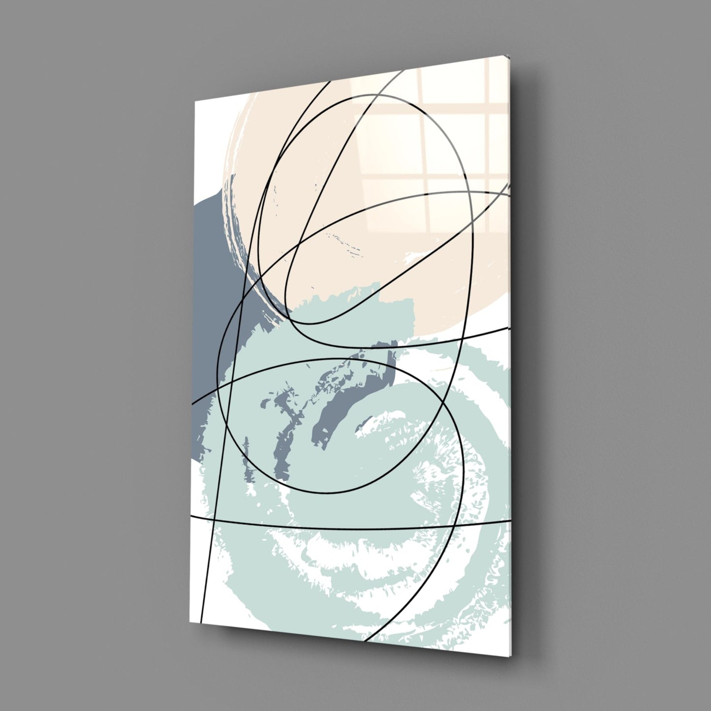 Teal and Beige Brush Circle Lines Glass Wall Art