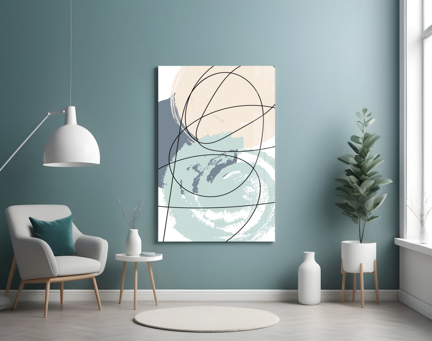 Teal and Beige Brush Circle Lines Glass Wall Art