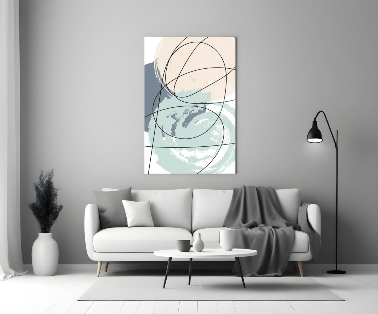 Teal and Beige Brush Circle Lines Glass Wall Art