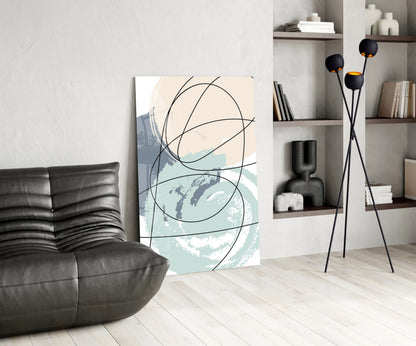 Teal and Beige Brush Circle Lines Glass Wall Art