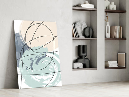 Teal and Beige Brush Circle Lines Glass Wall Art