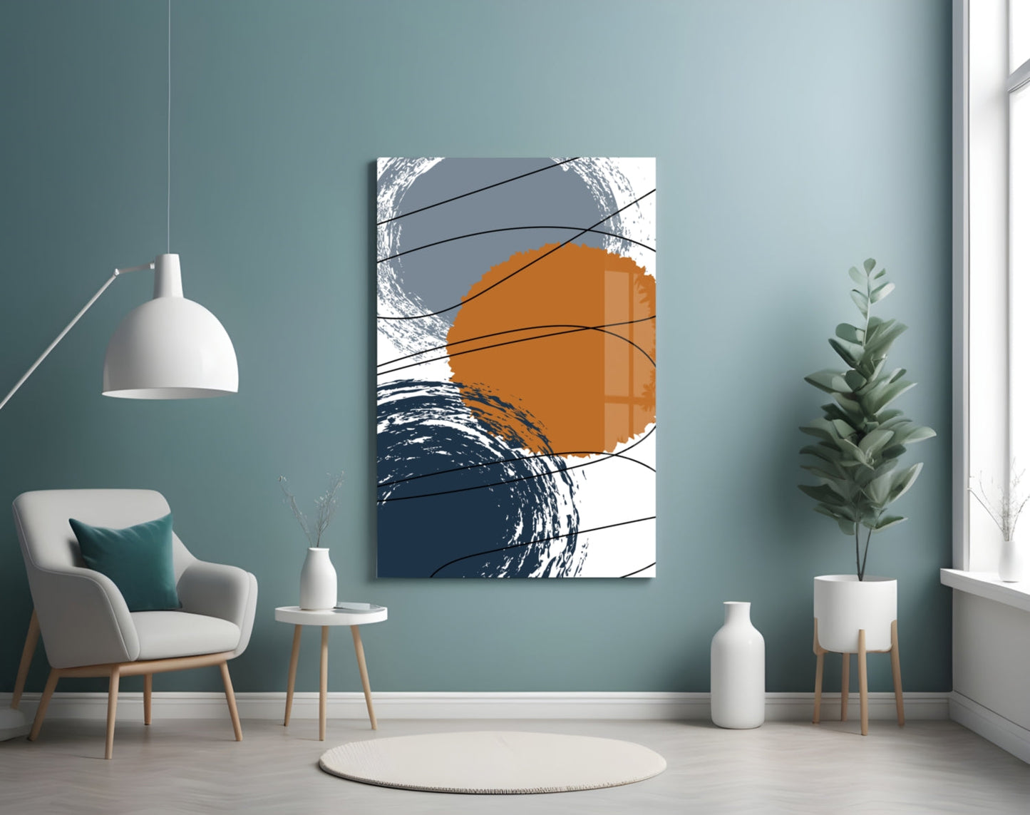 Orange Circle Navy Brush Rings Glass Wall Art