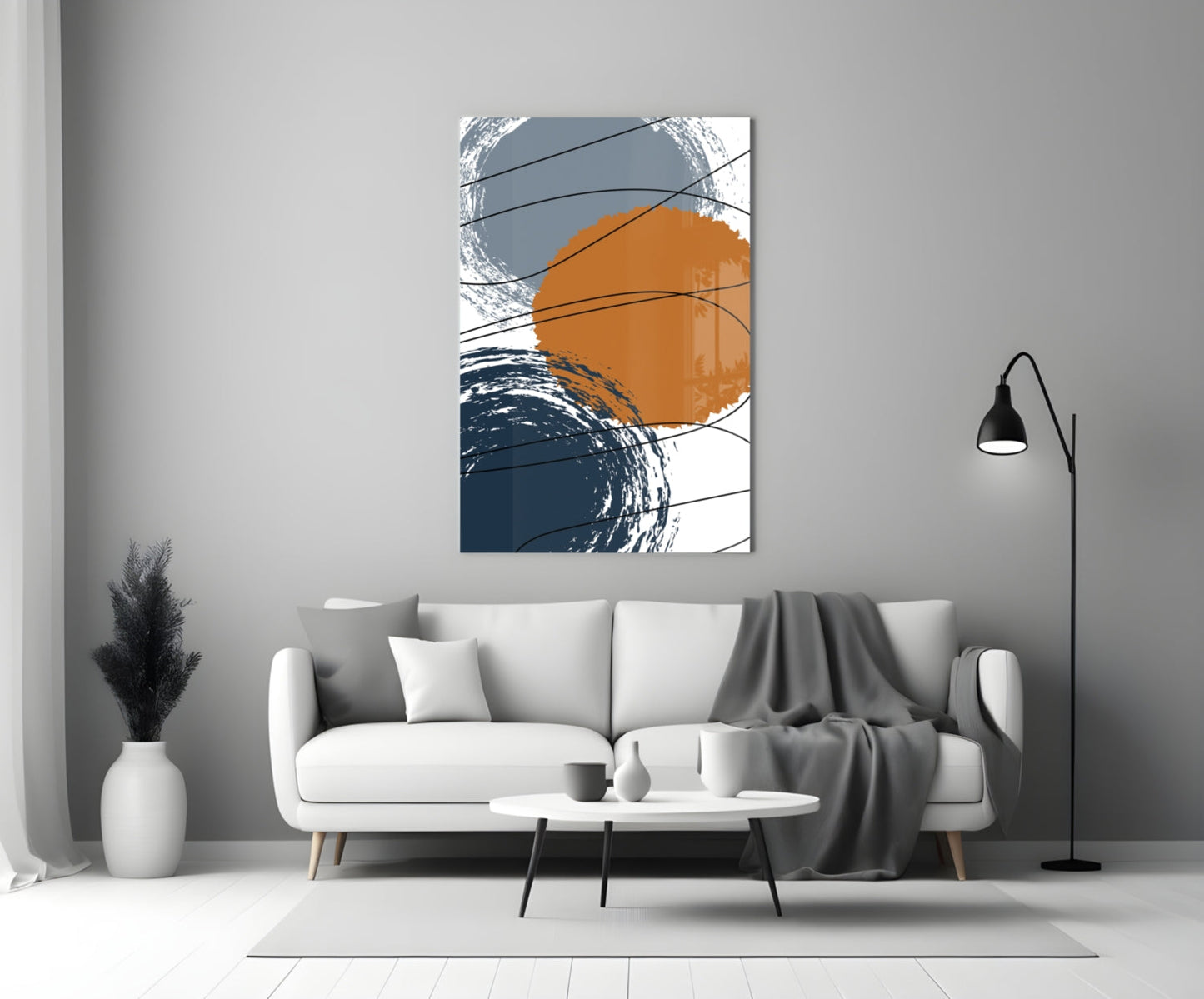 Orange Circle Navy Brush Rings Glass Wall Art
