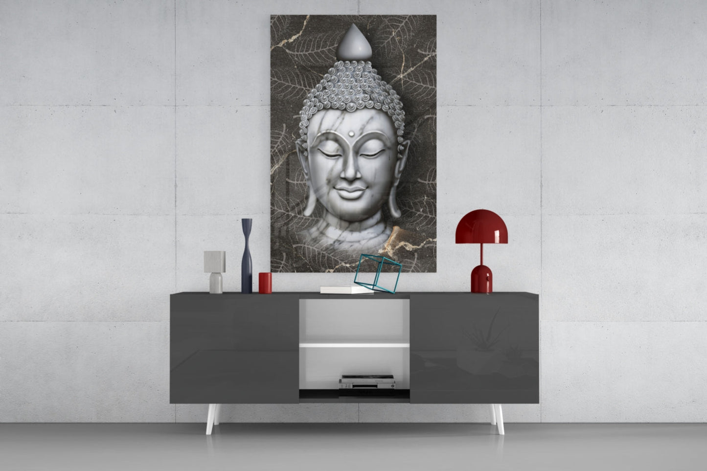 Silver Marble Buddha Head Glass Wall Art