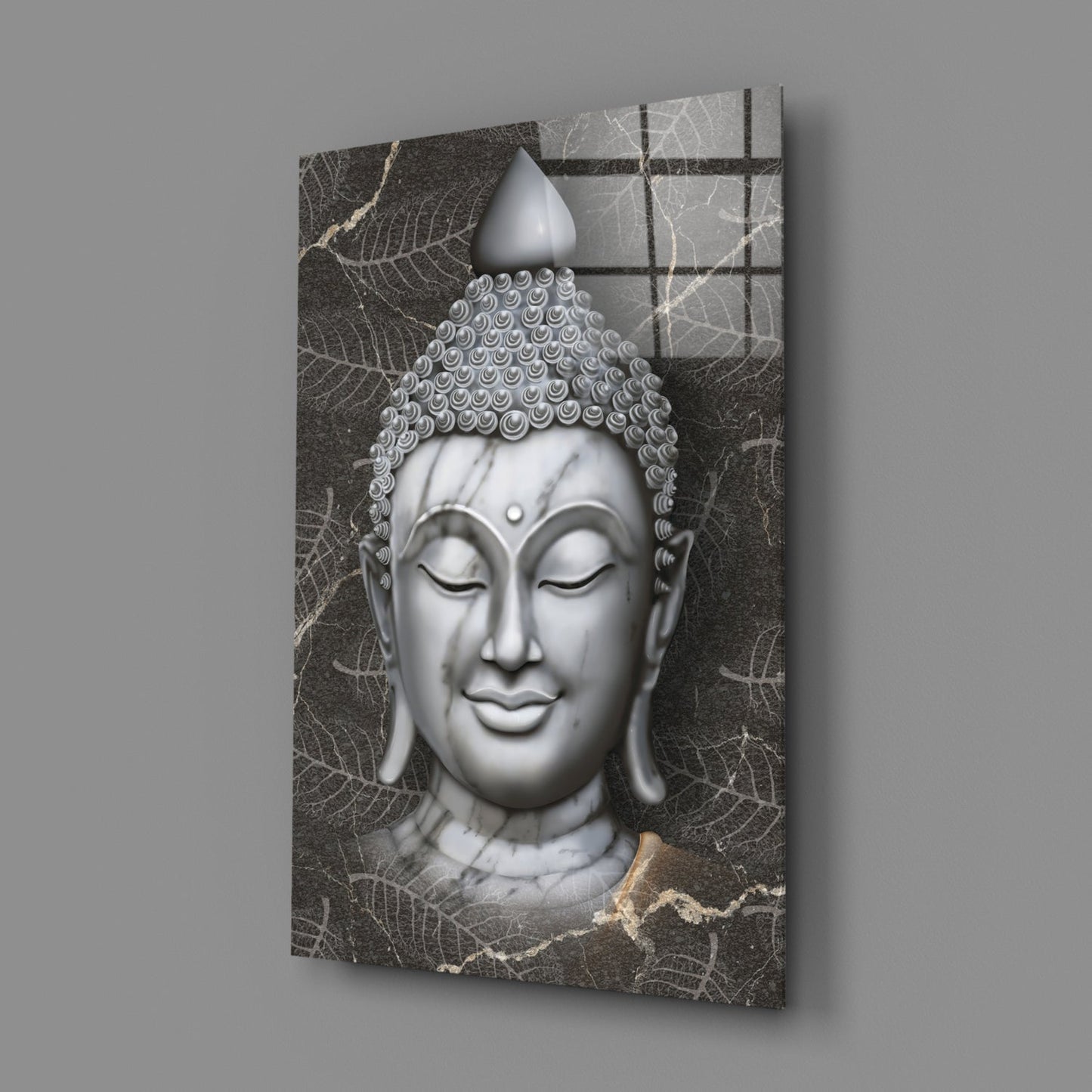 Silver Marble Buddha Head Glass Wall Art